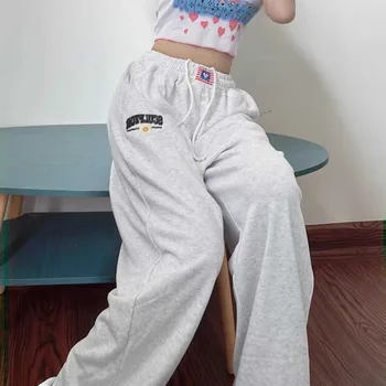 Корейские модные Повседневные Спортивные брюки с вышивкой Свободные Женские брюки в стиле хип-хоп С высокой талией и широкими штанинами для бега трусцой Yk2