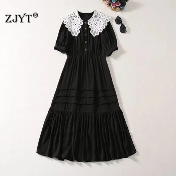 ZJYT, Новинка 2024, Подиумное модное Женское летнее платье, Черное, с коротким рукавом, кружевное, с воротником 