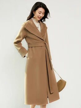Двустороннее кашемировое пальто женское средней длины на осень и зиму новое модное темпераментное шерстяное пальто на шнуровке с большим отворотом