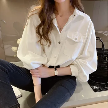 Женская блузка Женские новые топы с белым воротничком Корейские эстетичные рубашки с длинным рукавом Sexy SQ43