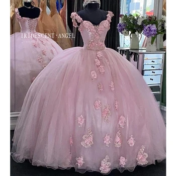 ПЕРЕЛИВАЮЩЕЕСЯ Розовое бальное платье с 3D цветами для 15-летних девочек, пышные платья, кристаллы, Вечернее платье, Халат для бала, выпускной