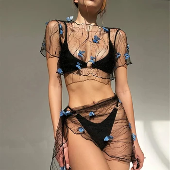 Женский сетчатый прозрачный пляжный комплект, Сетчатый прозрачный 3D-декор в виде бабочки, Укороченные топы с коротким рукавом, Саронг с завязками, юбка с запахом, Купальник