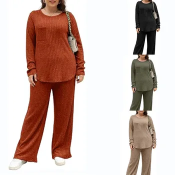 Комплект повседневной одежды больших размеров, женский однотонный вязаный топ с круглым вырезом и карманом в рубчик, брюки, комплекты из двух предметов
