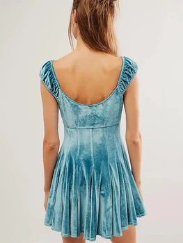 Женское летнее бархатное платье без рукавов, однотонное мини-плиссированное платье трапециевидной формы с вырезом в виде сердечка