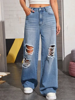 Джинсовые модные джинсы с высокой талией и перфорацией, женские модные широкие брюки с разрезом, женские хлопковые джинсы, свободные джинсы для мамы