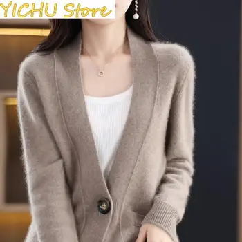 Новый осенне-зимний женский кашемировый свитер, вязаная куртка с V-образным вырезом, модная Корейская шерстяная одежда из мериноса, повседневный топ большого размера
