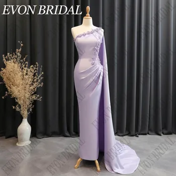 Вечерние Платья EVON BRIDAL На Одно Плечо Сиреневые Саудовско -Арабские Русалка 3D Цветы Атласные Свадебные Платья С Накидкой